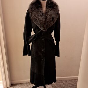 Women's Black Suede Fur Coat Size 6/8 Long Designer Luxury Celeb Style Boutique